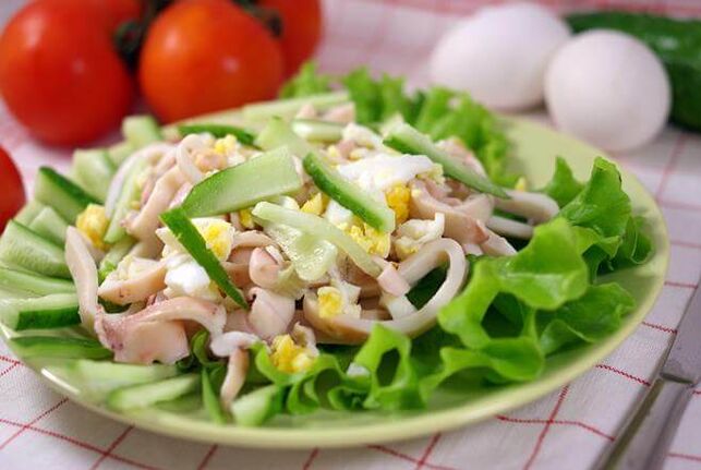 Squid salad with eggs and cucumber on a low carbon diet